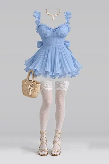 Blue ribbon frill pleated dress + lace socks