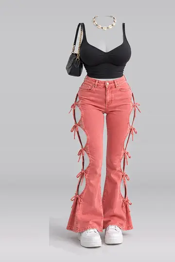 Black ribbon denim trousers + white sneakers