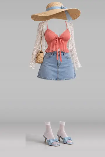 Ribbon camisole + blue denim mini skirt