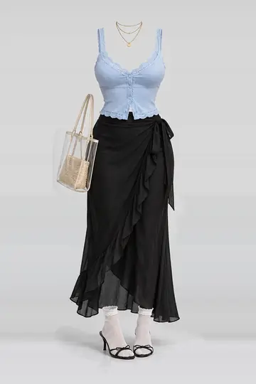 Blue lace blouse + black skirt