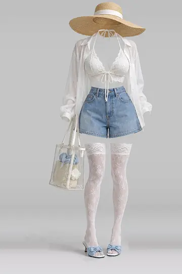 White lace trim + blue denim shorts