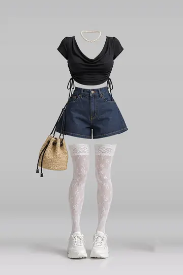 Black navy denim shorts + lace socks