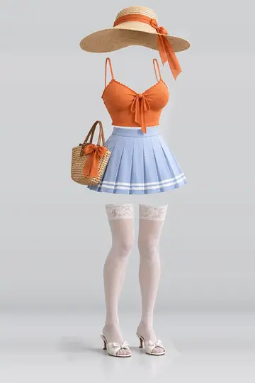 Orange ribbon camisole + blue white mini skirt