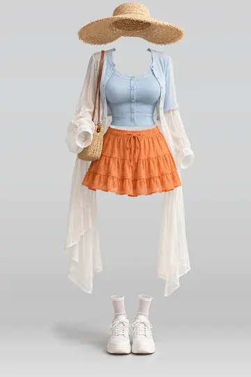 Blue cardigan + orange mini skirt
