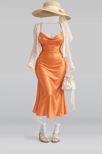 Orange satin midi dress + cardigan