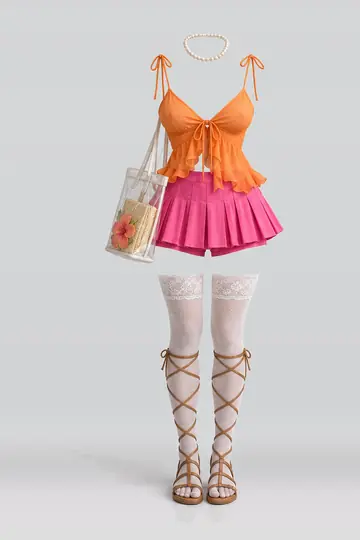 Orange ribbon camisole + pink pleated mini skirt