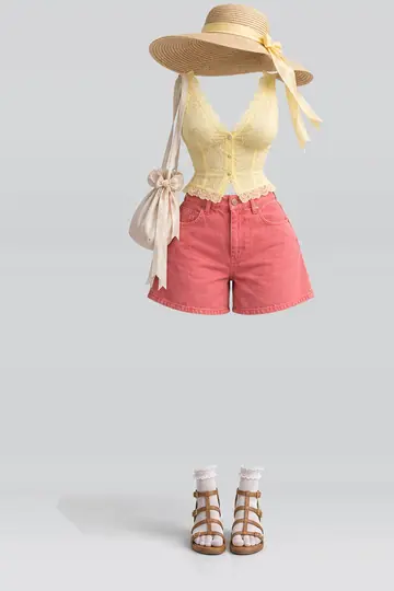 Yellow lace blouse + denim shorts