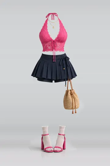 Pink lace trim + navy pleated mini skirt