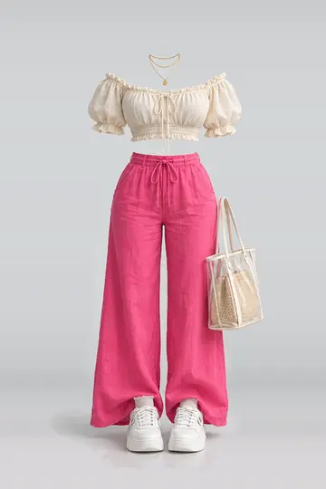 Cream blouse + pink trousers