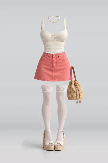 Cream denim mini skirt + lace socks
