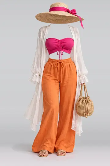 Pink orange trousers + cardigan