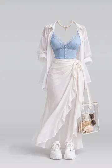 Blue lace blouse + white skirt