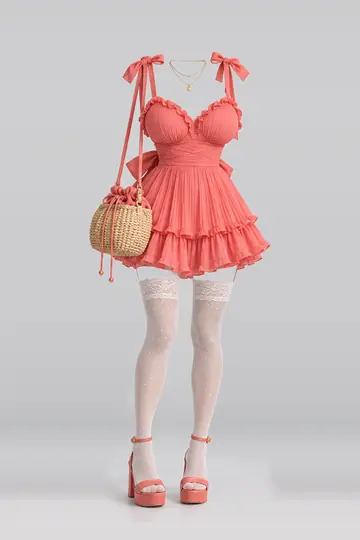 Ribbon frill pleated dress + lace socks