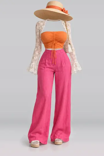 Orange pink trousers + lace sandals