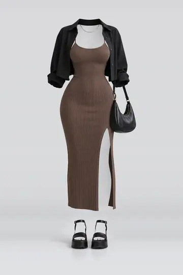 Brown knit camisole + midi dress