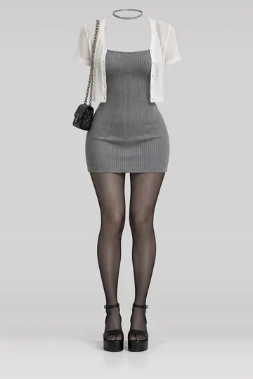 Grey knit mini dress + white cardigan