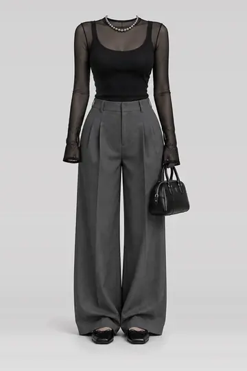Black mesh shirt + grey leather bag