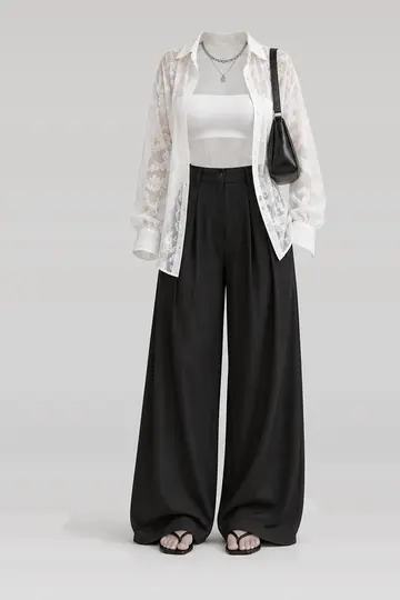 White lace shirt + black trousers