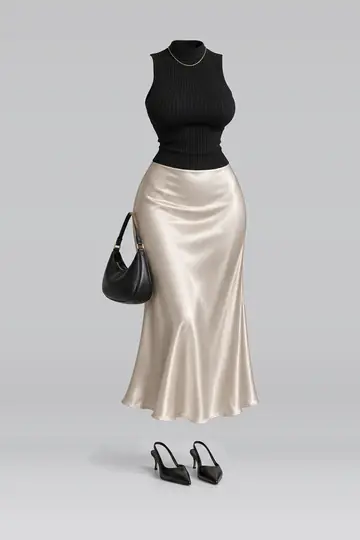 Black knit satin midi skirt + leather bag