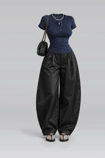 Navy shirt + black satin trousers