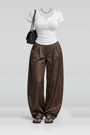 White shirt + brown satin trousers