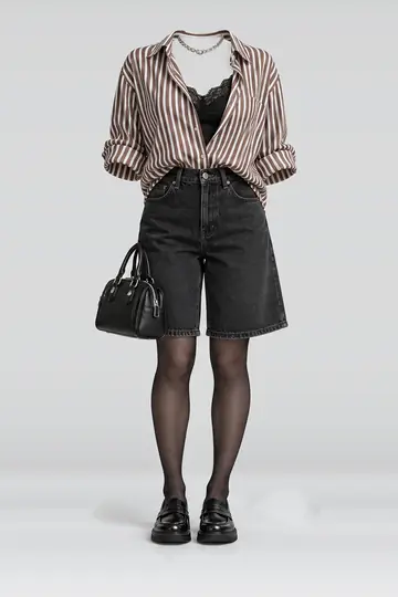 Brown white shirt + black lace camisole
