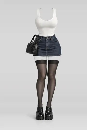 White knit denim mini skirt + black stockings