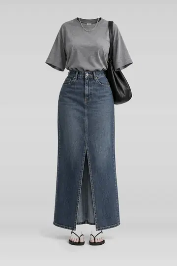 Grey shirt + denim maxi skirt