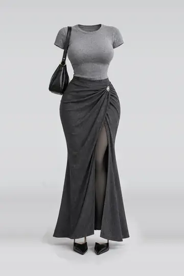 Grey knit maxi skirt + black leather bag