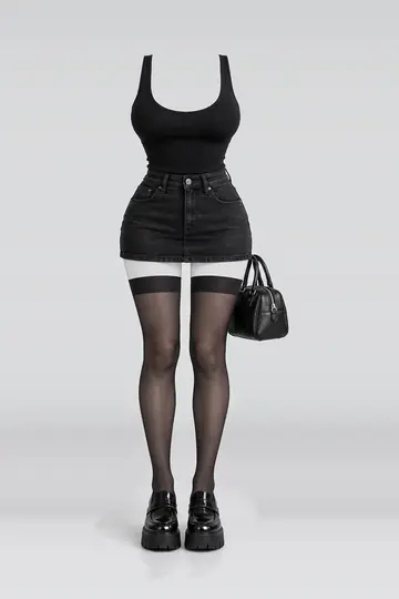 Black knit denim mini skirt + stockings