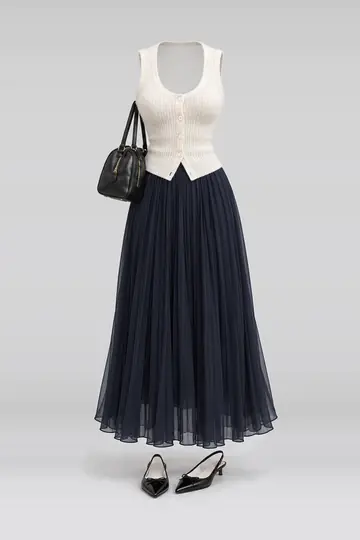 Ivory knit vest + navy pleated chiffon black skirt