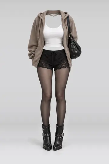 Brown hoodie + white black lace shorts