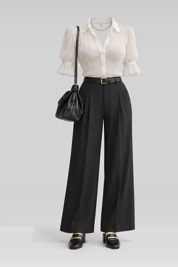 White blouse + black gold leather bag