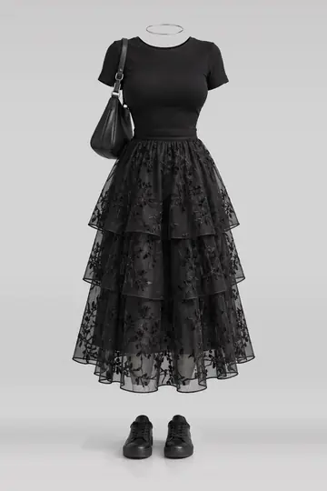 Black midi skirt + sneakers