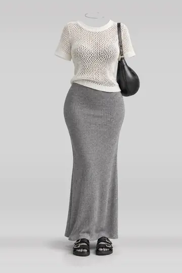 Ivory mesh knit top + grey maxi skirt