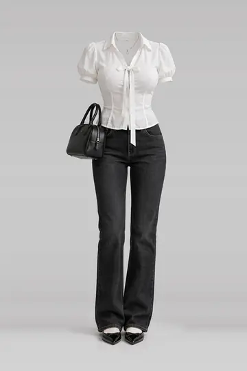 White blouse + black denim jeans