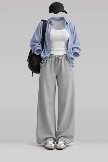 Blue shirt + white grey suede sneakers