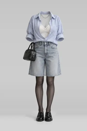 Blue white shirt + ivory lace camisole