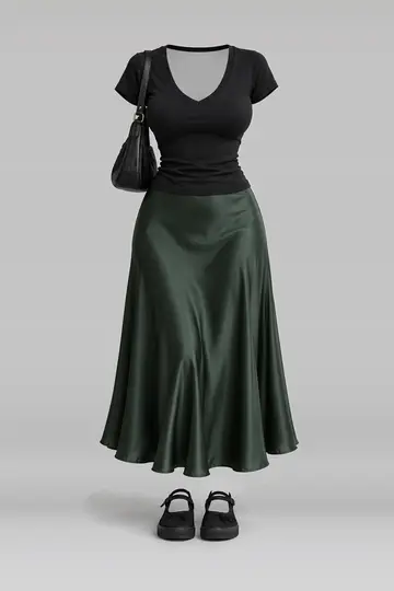 Black shirt + green satin midi skirt