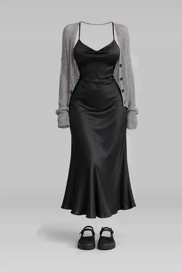 Black satin camisole + midi dress