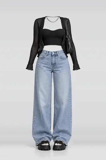 Black cardigan + blue denim jeans