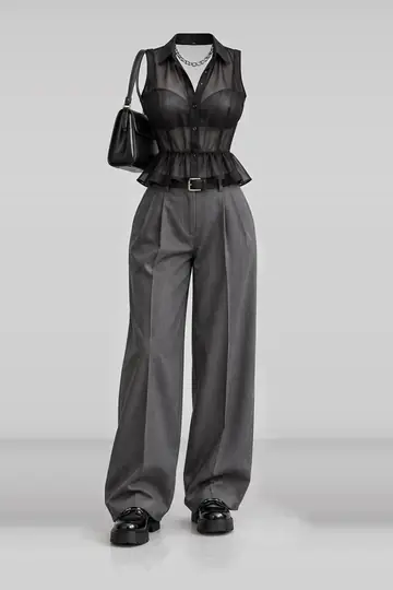 Black blouse + grey trousers