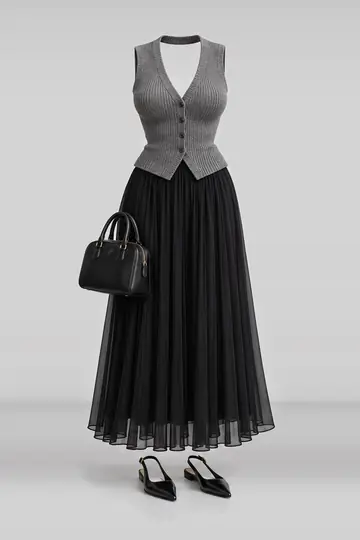 Grey knit vest + black pleated chiffon skirt