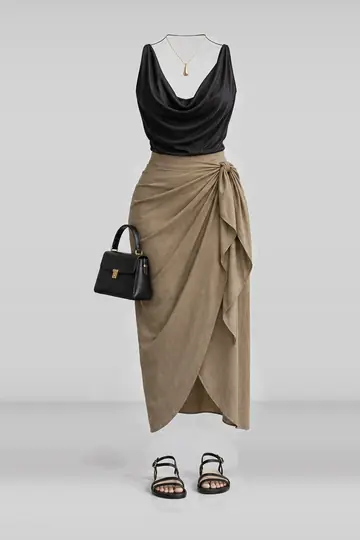 Black khaki midi skirt + sandals