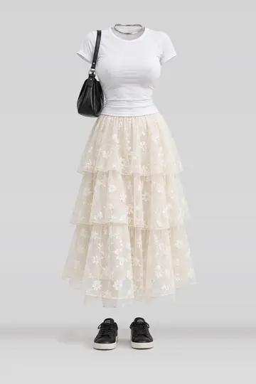 White ivory midi skirt + black sneakers