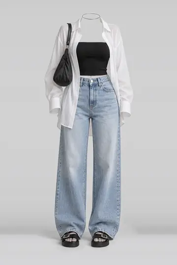 Black white shirt + blue denim jeans