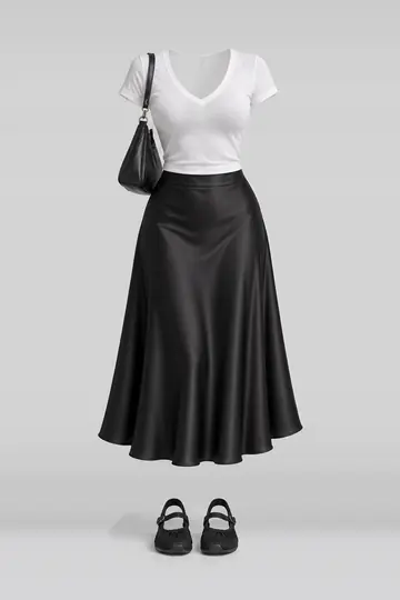 White shirt + black satin midi skirt