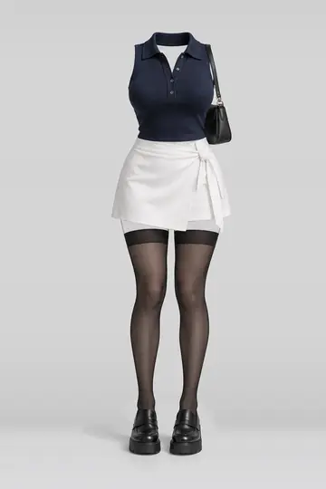 Navy knit top + white mini skirt