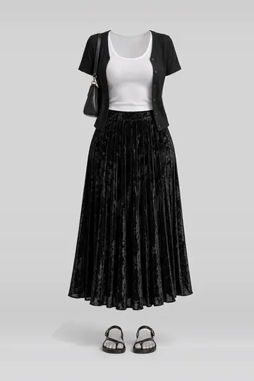 White black pleated midi skirt + cardigan