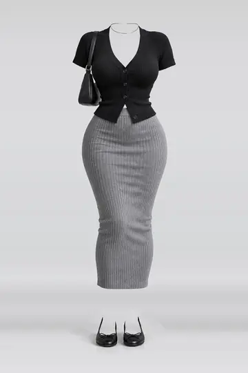 Black knit cardigan + grey midi skirt
